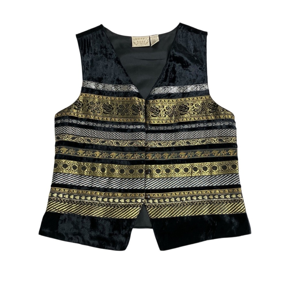 Vintage 90s Khaki Rose Vest Womens L Black Velvet‎ Tapestry Metallic Whimsigoth